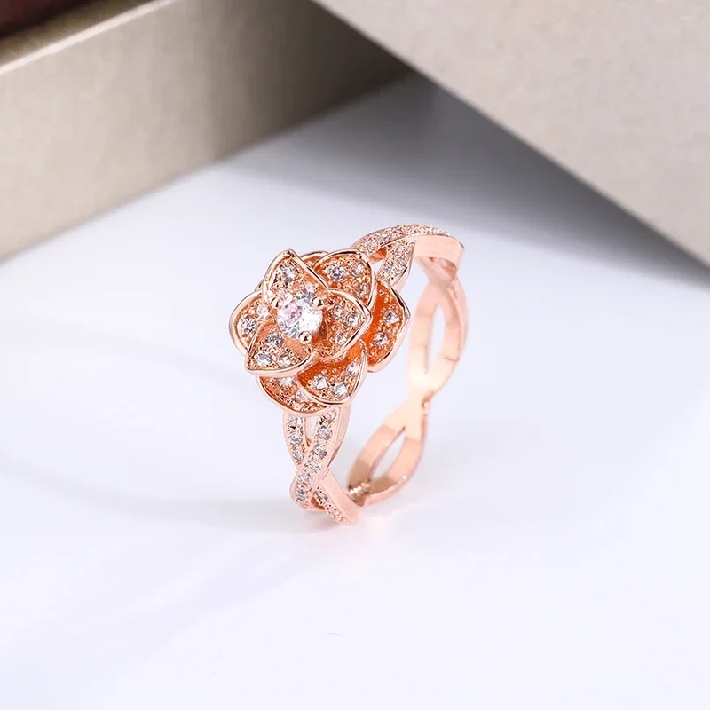 Luxury Big Rose Flower Ring Cute Boho Female Rose Gold Engagement Ring Vintage Party Wedding Band Rings For Women Jewelry gift