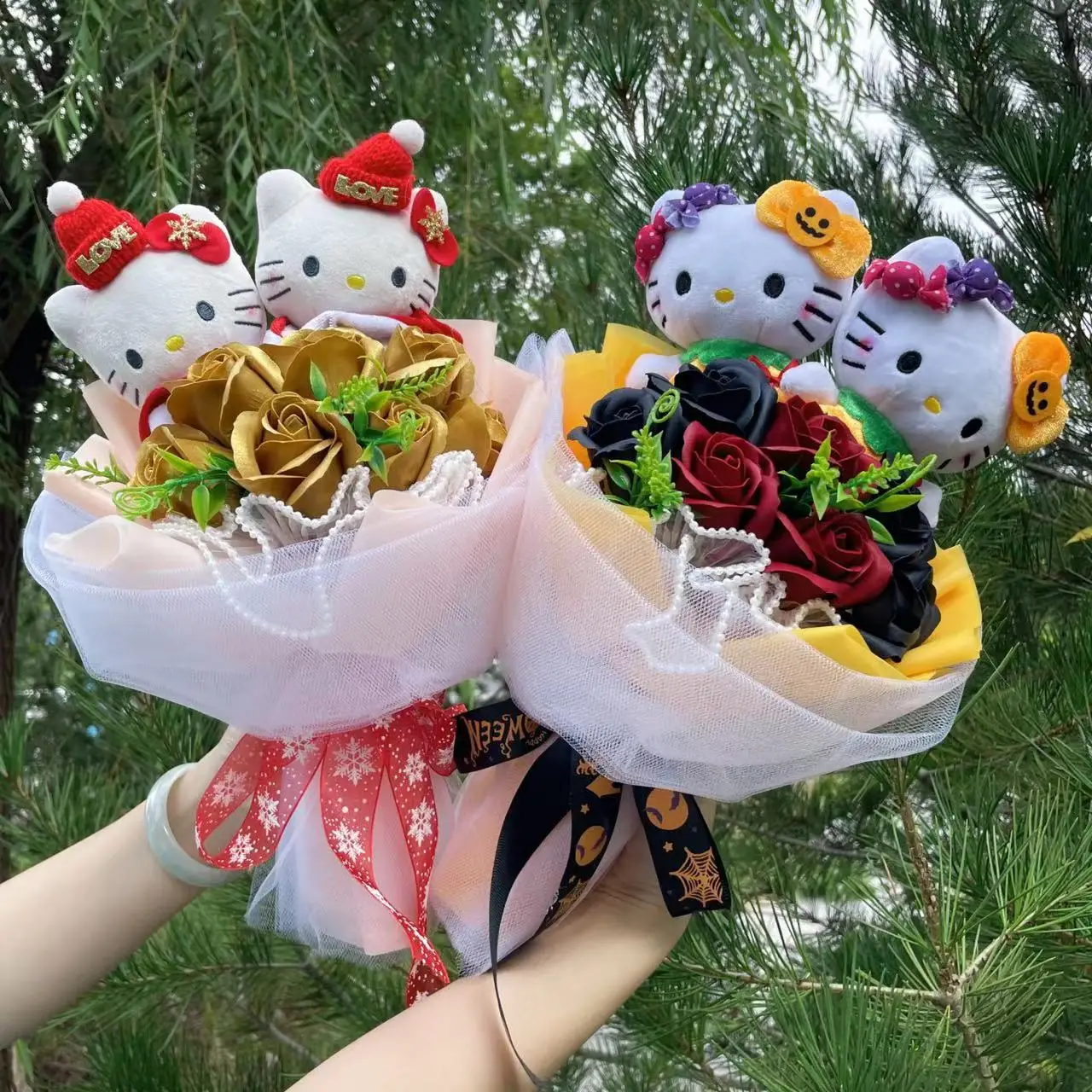 Boneka kucing Hello Kitty lucu dengan bunga buatan buket kreatif Sanrio hadiah ulang tahun Valentine Natal