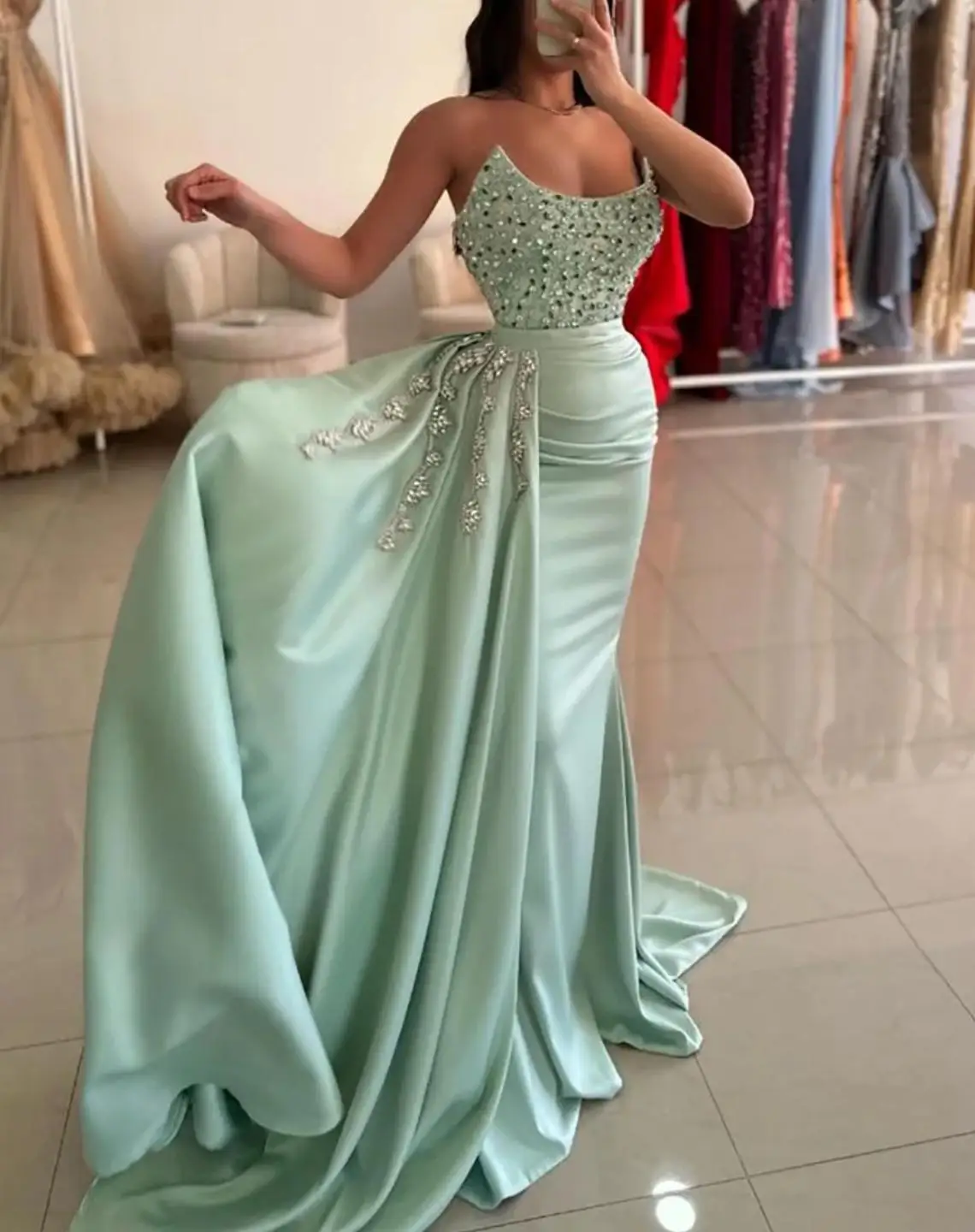 Customized Lime Green Women Evening Dresses Strapless Crystal Beads Satin Meramid Long Formal Special Occasion Dress Prom Wear