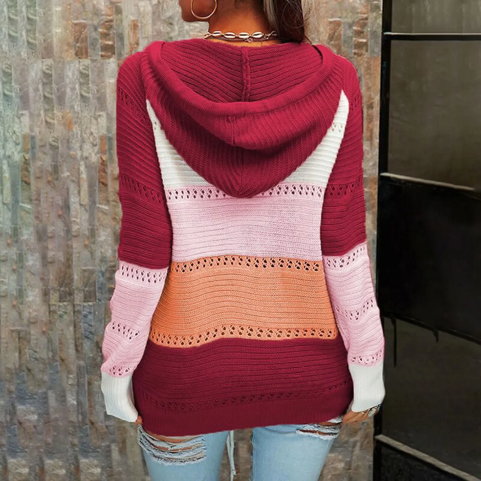 New Fall Winter Patchwork Hooded Sweaters for Women Long Sleeve V-Neck Slim Pullover Tops Jumper Plus Size Female Knit Sweaters
