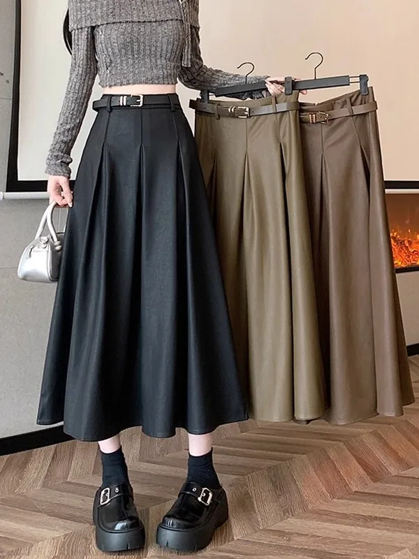 

Модная женская юбка из искусственной кожи с высокой талией, свободного кроя, А-силуэт, с воланами, для осени, зимы и весны, для повседневной носки