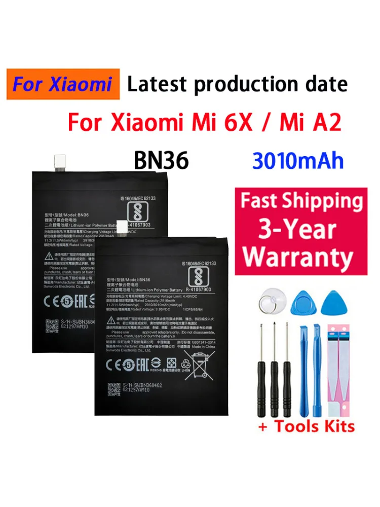 100% oryginalna bateria BN36 3010mAh do Xiaomi Mi 6X Mi6X Mi A2 MIA2 BN36 Wysokiej jakości baterie zamienne do telefonów + narzędzia — zdjęcie produktu 6