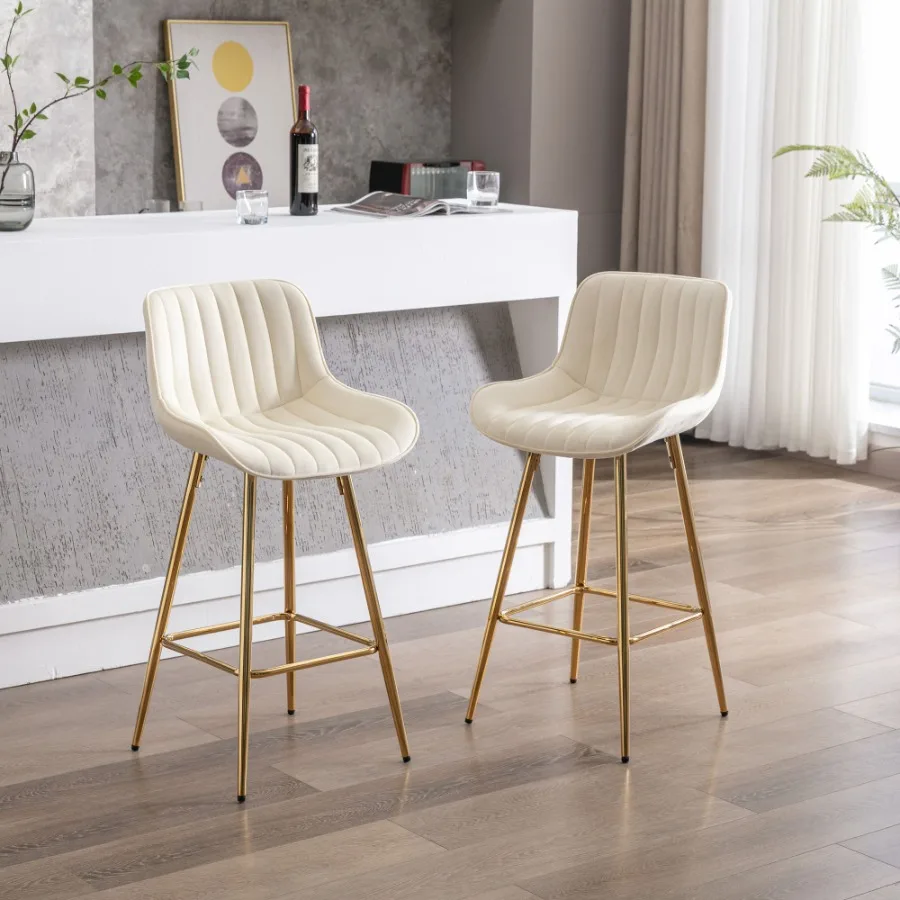 

26 Inch Set of 2 Bar Stools with Chrome Footrest Velvet Fabric Counter Stool Golden Leg Simple Bar Stool CREAM