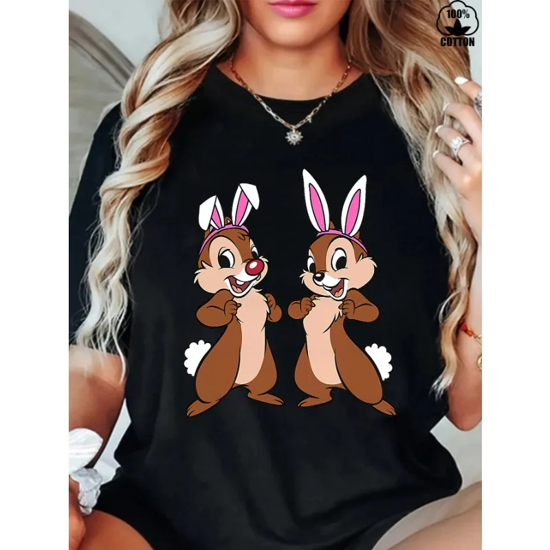 تي شيرت نسائي مطبوع عليه ديزني عيد الفصح تشيكي آند تيتي باني من القطن كاجوال بأكمام قصيرة ورقبة دائرية، ملابس صيفية مريحة