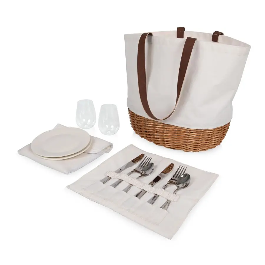 Promenade Cesta de picnic para set 2, elegante bolso de lona con parte inferior de mimbre tejida a mano y correa de polipiel, cesta de mimbre ingenio