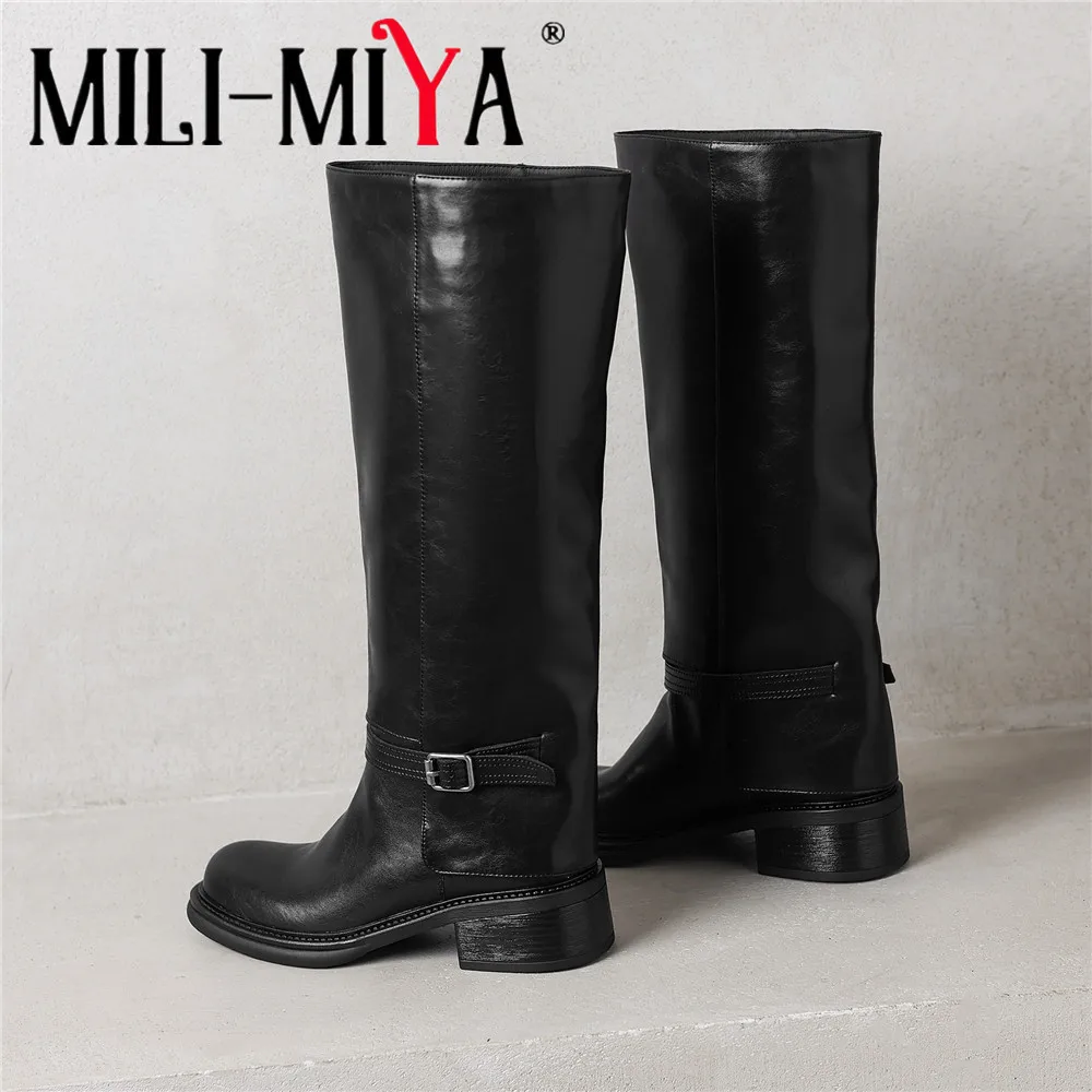 MILI-MIYA Ladies' Cowhide Large Tube Boots One Foot Riding Knight Boots Knee High Boots Round Toe Square Heel Solid Color