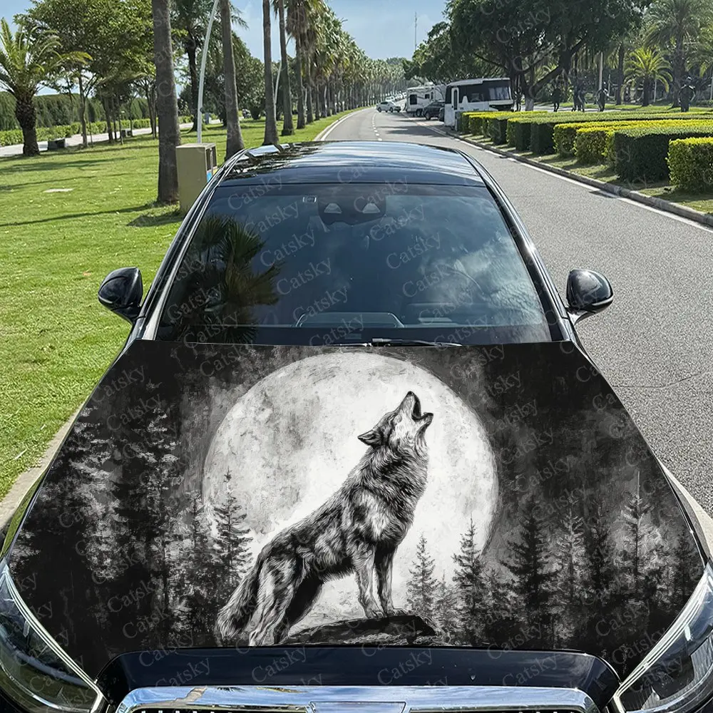 

Moonlit Wolf Howl Print Car Vinyl Wrap, PVC Material Waterproof Car Hood Sticker, Self-Adhesive Scratch-Resistant Stickers for E