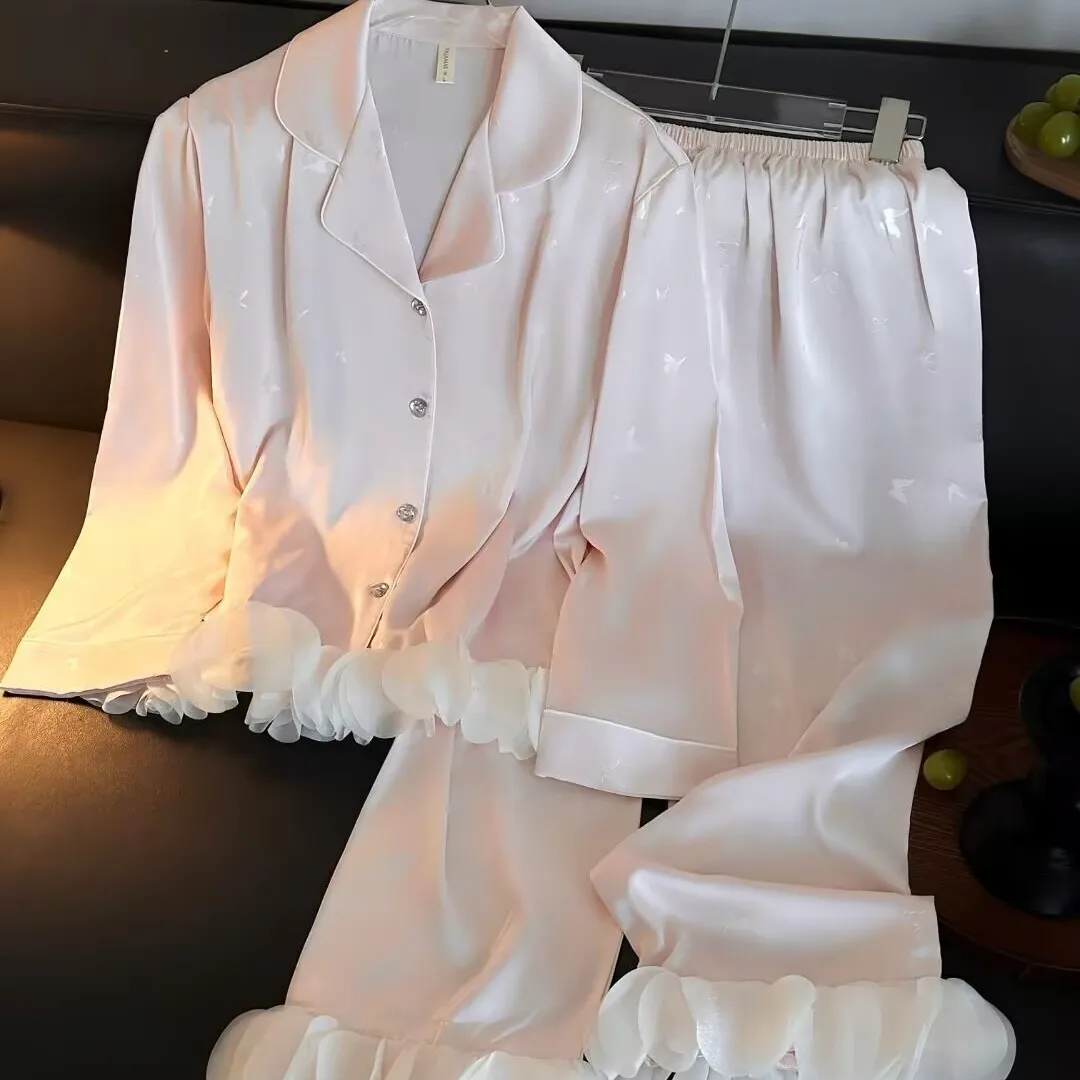 

Twinset Lapel Long Sleeve Pajams Set Women Spring Autumn Sleepwear Trouser PJS Suit Silky Satin Pyjamas Nightwear Home Clothes