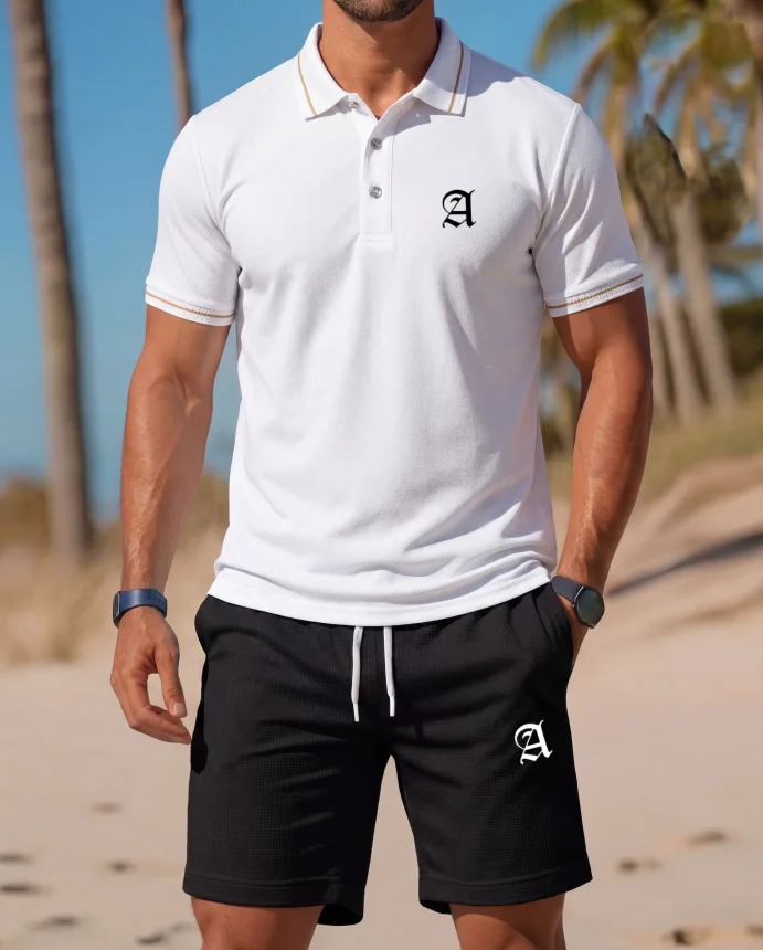 

Men's 2 Piece America Eagle USA Flag Polo Shirt & Shorts Set, Patriotic Summer Beach Casual Outfit