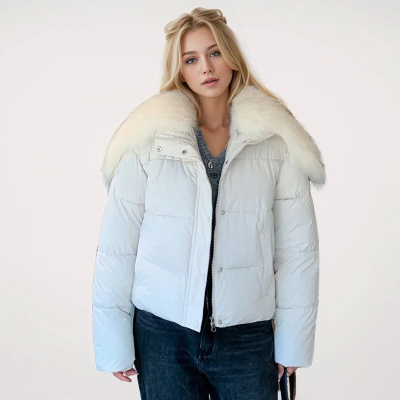 Damska zimowa kurtka z panelami, ocieplana, jednorzędowa, z kołnierzem z wełny jagnięcej, minimalistyczna góra dla kobiet.