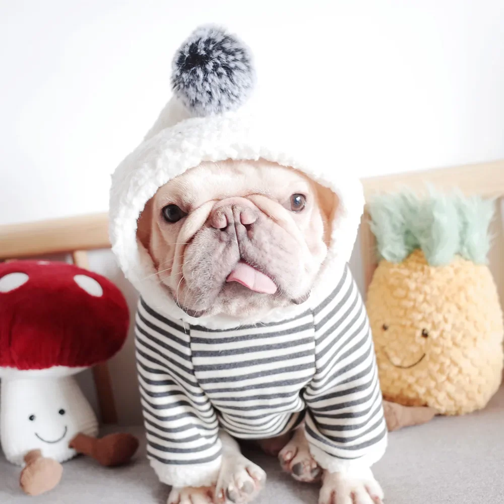 French Bulldog Cotton Hoodies Winter Warm Dog Clothes for Chihuahua Striped Coat for Small Dogs Pet Puppy Hooded Jacket