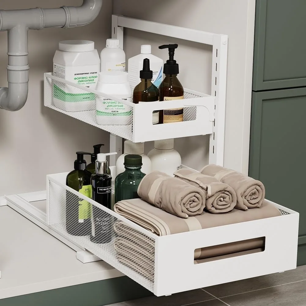 

Under Sink 2 Tier Adjustable Pull Out Storage Shelf for Bathroom Kitchen Fridge XL White