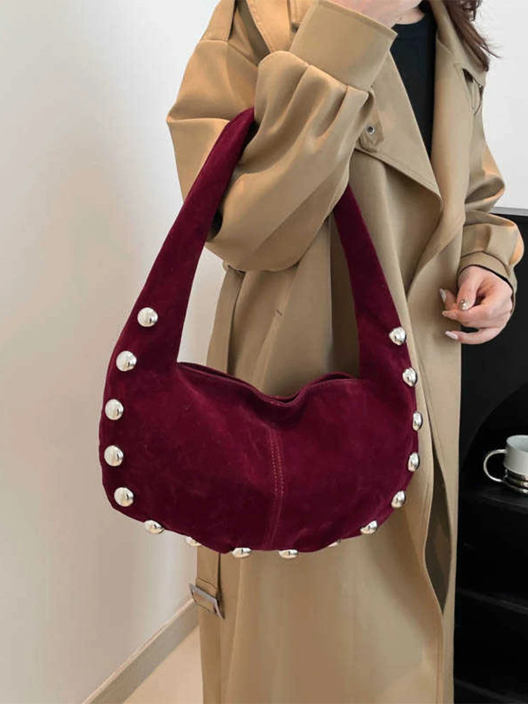 Punk Style Rivets Design Shoulder Bags for Women Faux Suede Fashion Luxury Lady Underarm Bag Female Handbags