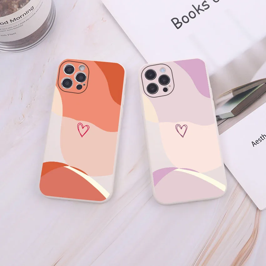 아이폰 15 14 13 Pro 12 11 Max Plus 15Pro 컬러블로킹 페인티드 피치 하트 폰 케이스 실리콘 14Pro 소프트 7 커버