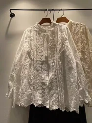 2026 Mori girl Japan style bohemian white beige embroidery shirts long sleeve blouses for women bow blouses boho clothing