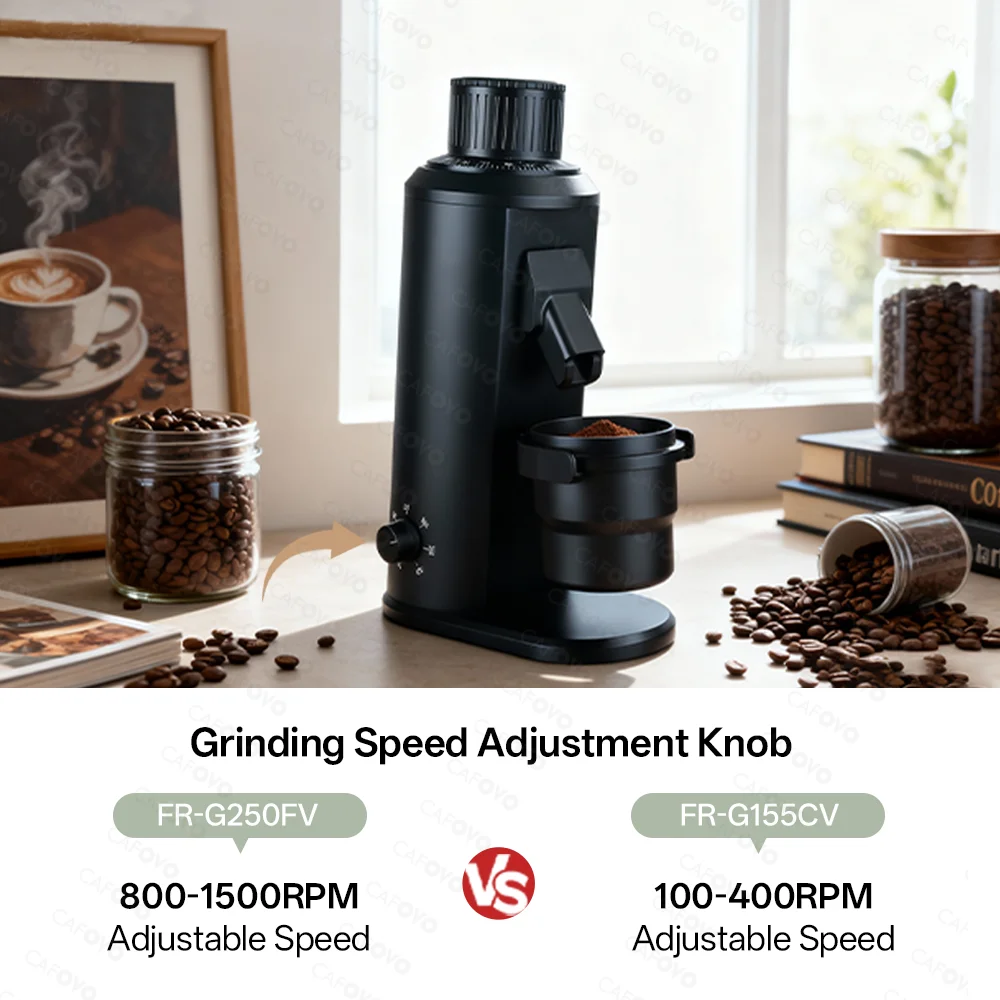 مطحنة قهوة كهربائية أحادية الجرعة من CAFOVO، سرعة قابلة للتعديل، بلازما مضادة للكهرباء الساكنة، مخروطية الشكل/دغ مسطح، مطحنة إسبريسو G155CV/G150FV