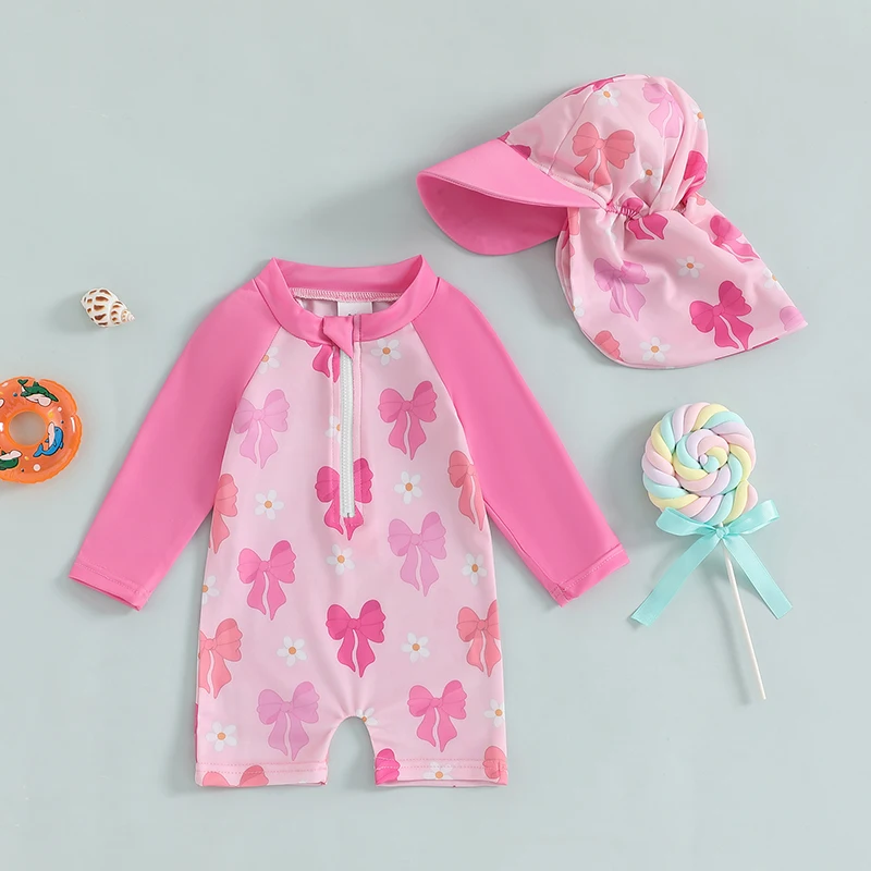 

Baby Girl Rash Guard Swimsuit Long Sleeve Bow Print Bathing Suit Infant Swimwear with Neck Flap Sun Hat