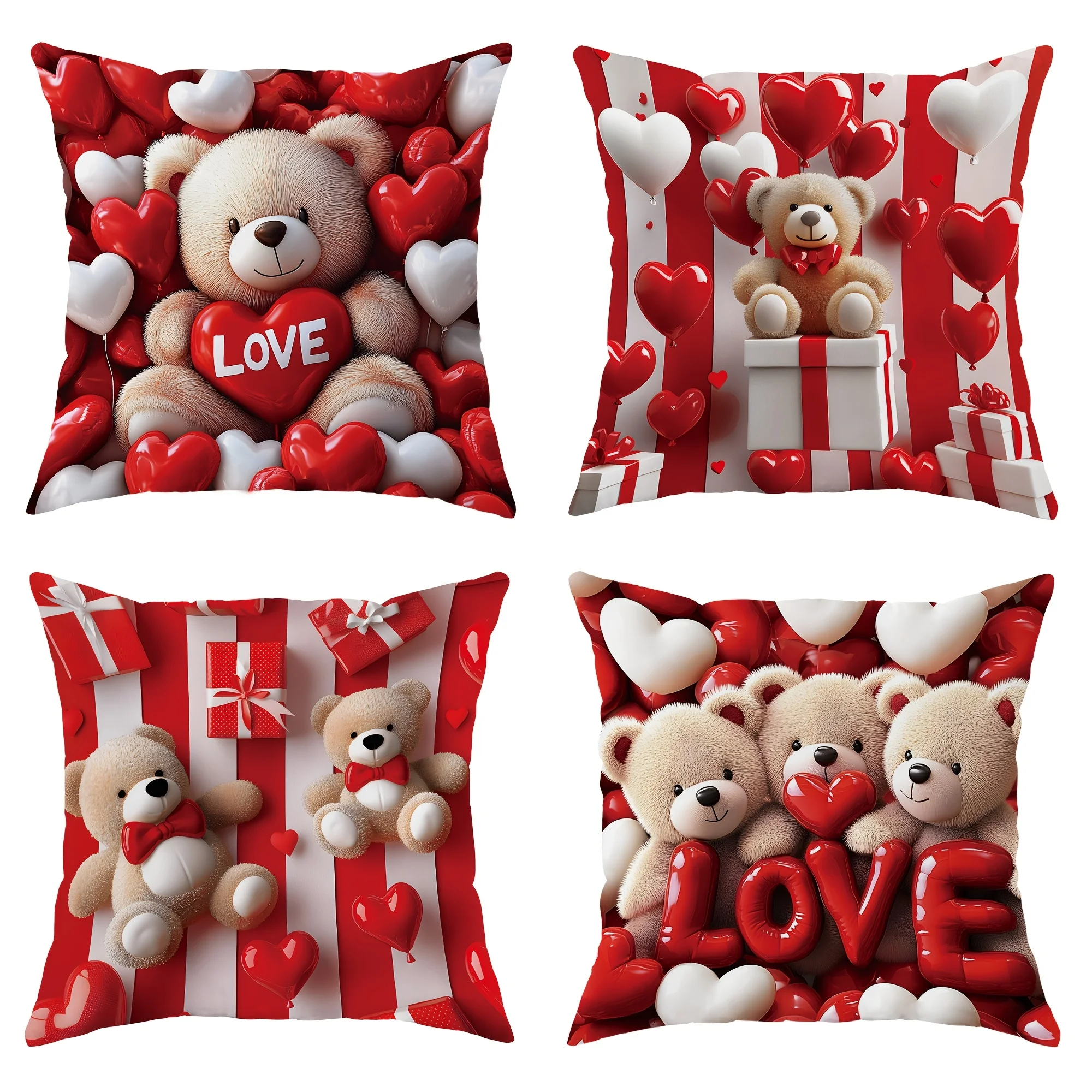 4Pcs Love Bear Pillow Covers 45x45cm Double-sided Printed Cushion Cases Heart Balloon Gift Home Decor Throw Pillows No Insert