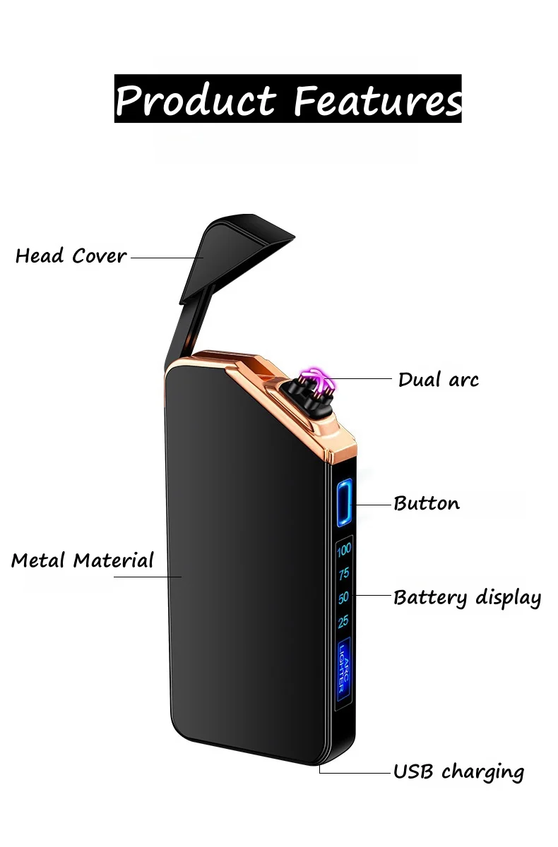 Electric Double Arc Usb Lighter Metal Outdoor Windproof Flameless Plasma Pulse LED Power Display Mechanical Button Igniter Gift