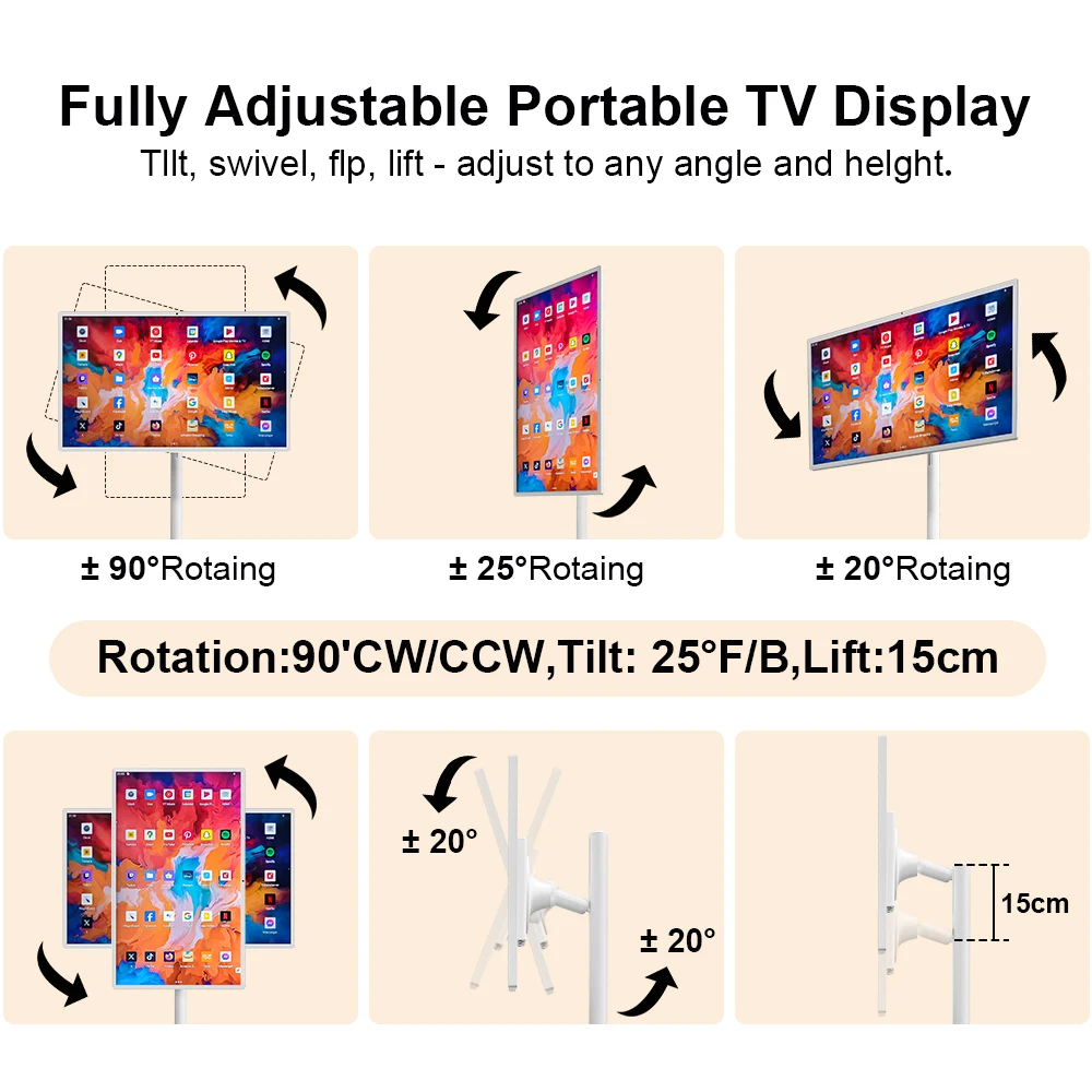 24-calowy bezprzewodowy ekran dotykowy Android TV Monitor Home Entertainment Podświetlenie LED Biała szafka System operacyjny Android 12 Stojak w zestawie