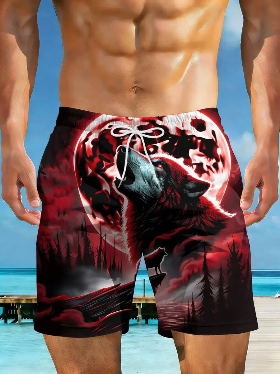 

Mens Beach Shorts 3D Print Wolf Howling Moon Forest Red Casual Summer