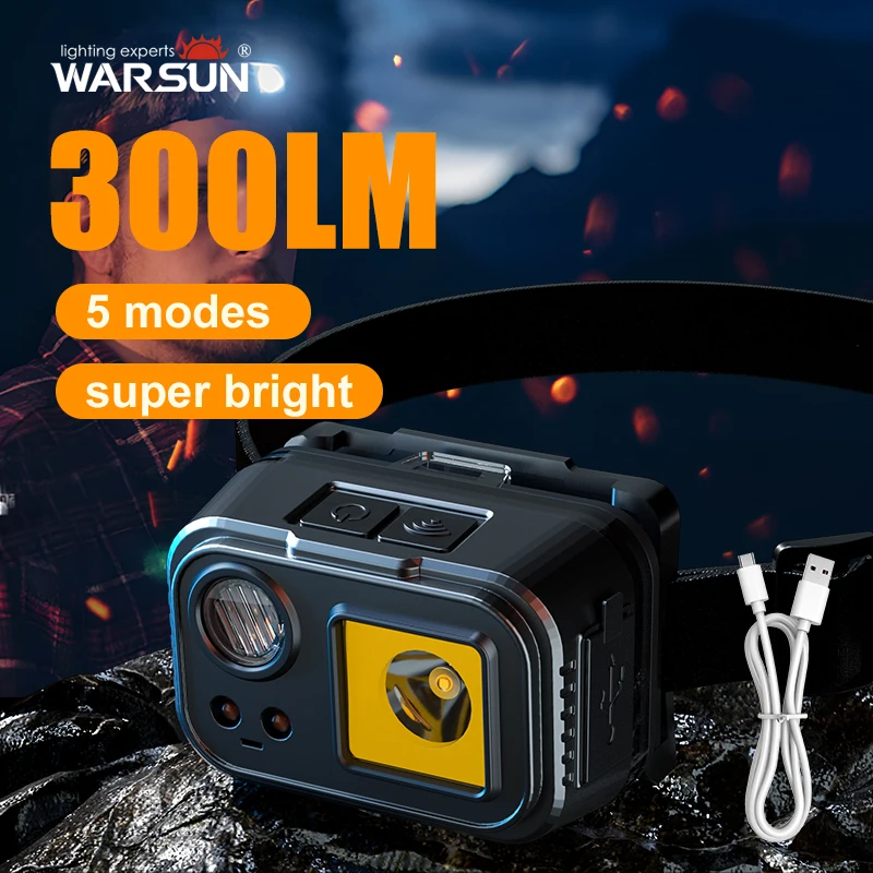 WAESUN 300LM Super Bright Long Range Headlamp, 5 Modes with COB, Fixed Focus, 90° Adjustable Angle, IPX6 Waterproof, Type-C