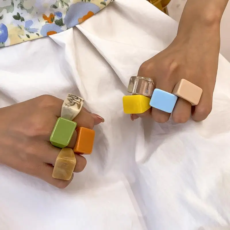 Colorful Acrylic Rings for Women Geometric Square Shape Fashion Jewelry Two Pieces Set Daily Wear