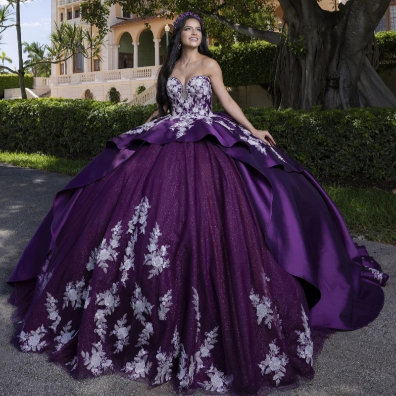 

Purple Shiny Quinceanera Dresses Off The Shoulder Applique Lace Beading Tull Corset Party Birthday Sweet 16 Dress Vestidos 15