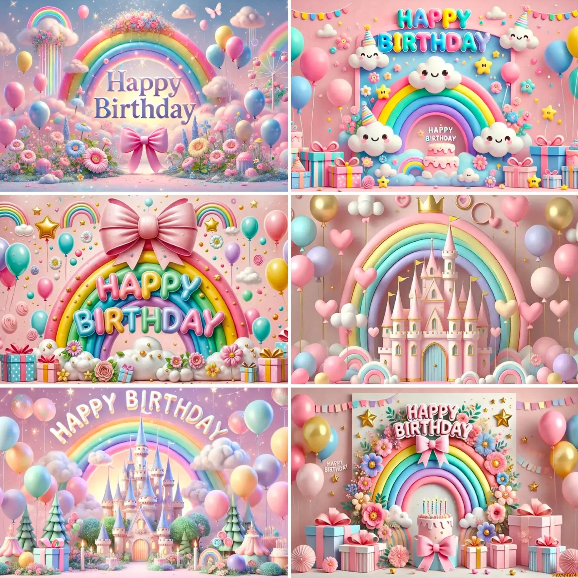 

Pink Birthday Photography Backdrops Props Castle Balloons Rainbow Children's Girl 3D Party Baby Photo Studio Background TA-01