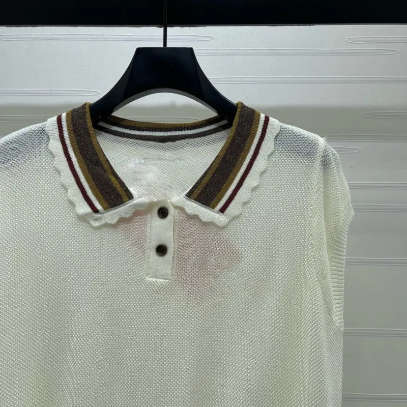 Collared half-placket open-knit short-sleeve top