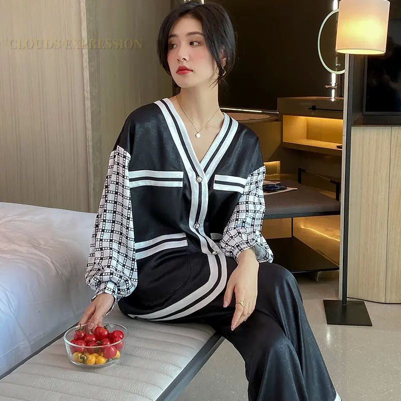 Spring Summer Satin Women\'s Pajamas Set V Neck Design Luxury Cross Letter Print Sleepwear Silk Like Nightwear Homewear Fashion