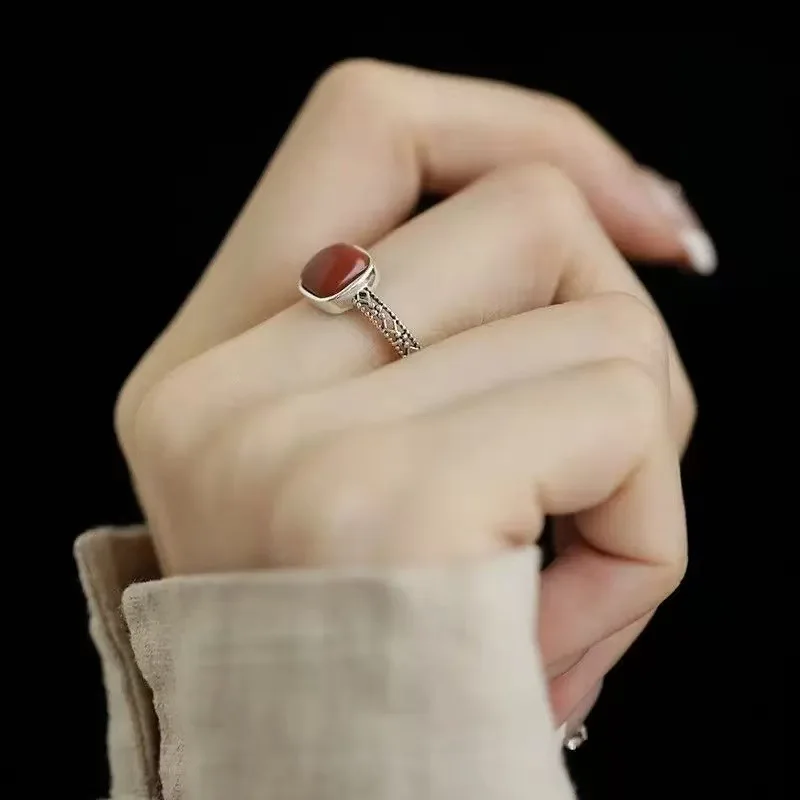 Women's 925 Sterling Silver Red Gemstone Adjustable Ring, Gift