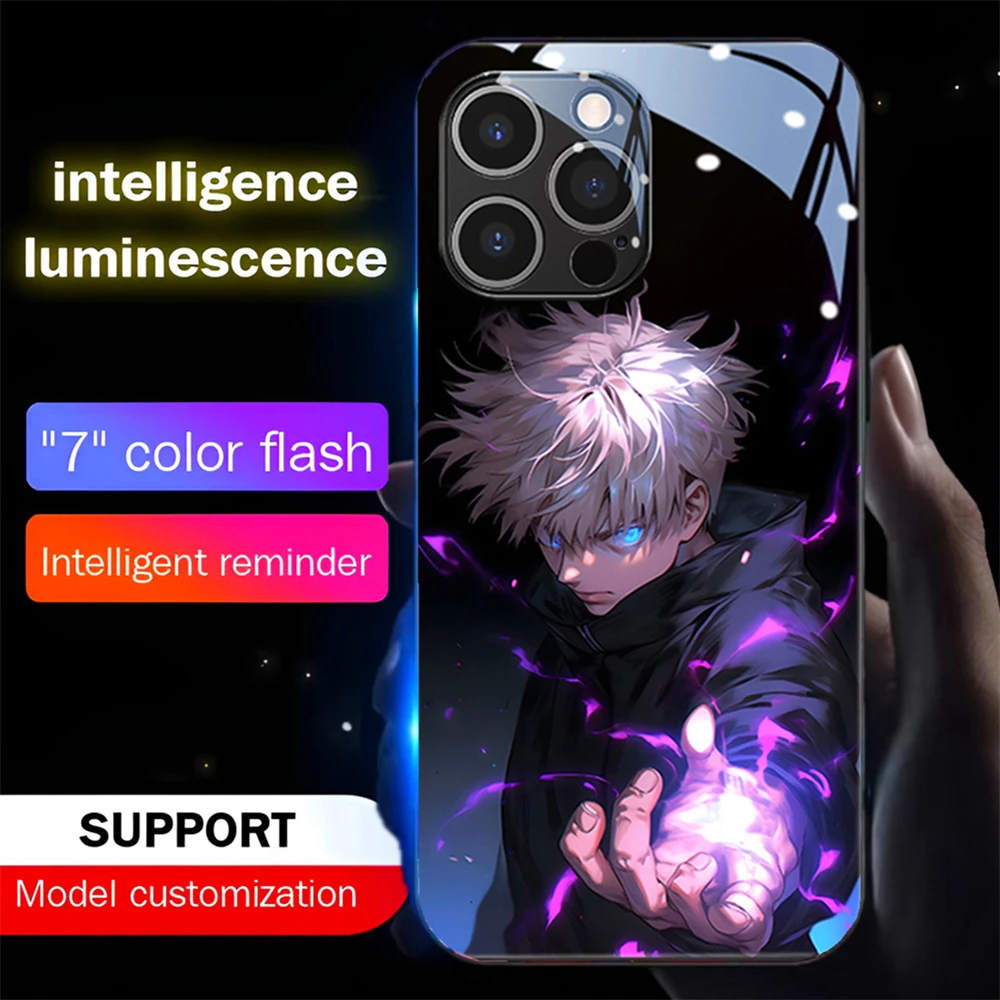 Cool Jujutsu Anime Pattern Sound Control LED Flash Cases Luminous Glass Cover For iPhone Air 17 16 15 14 13 12 11 Pro Max Plus