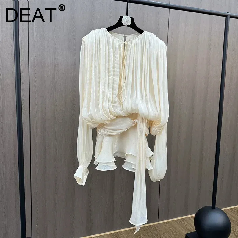 DEAT Fashion Wrinkle Solid Color Long Sleeves High Waist Long Sleeves Dresses 2025 Spring New Arrival Ribbon Loose Dress 35D1218