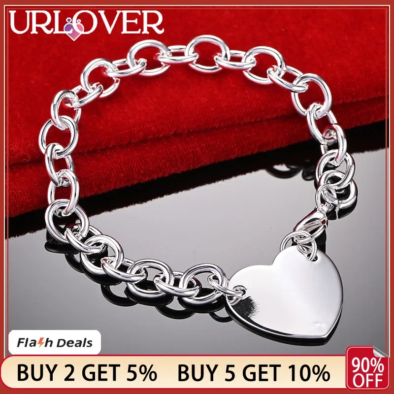 

URLOVER 925 Stamp Silver Color Heart Pendant Bracelets For Woman Chain Lady Wedding Accessories Party Birthday Fashion Jewelry