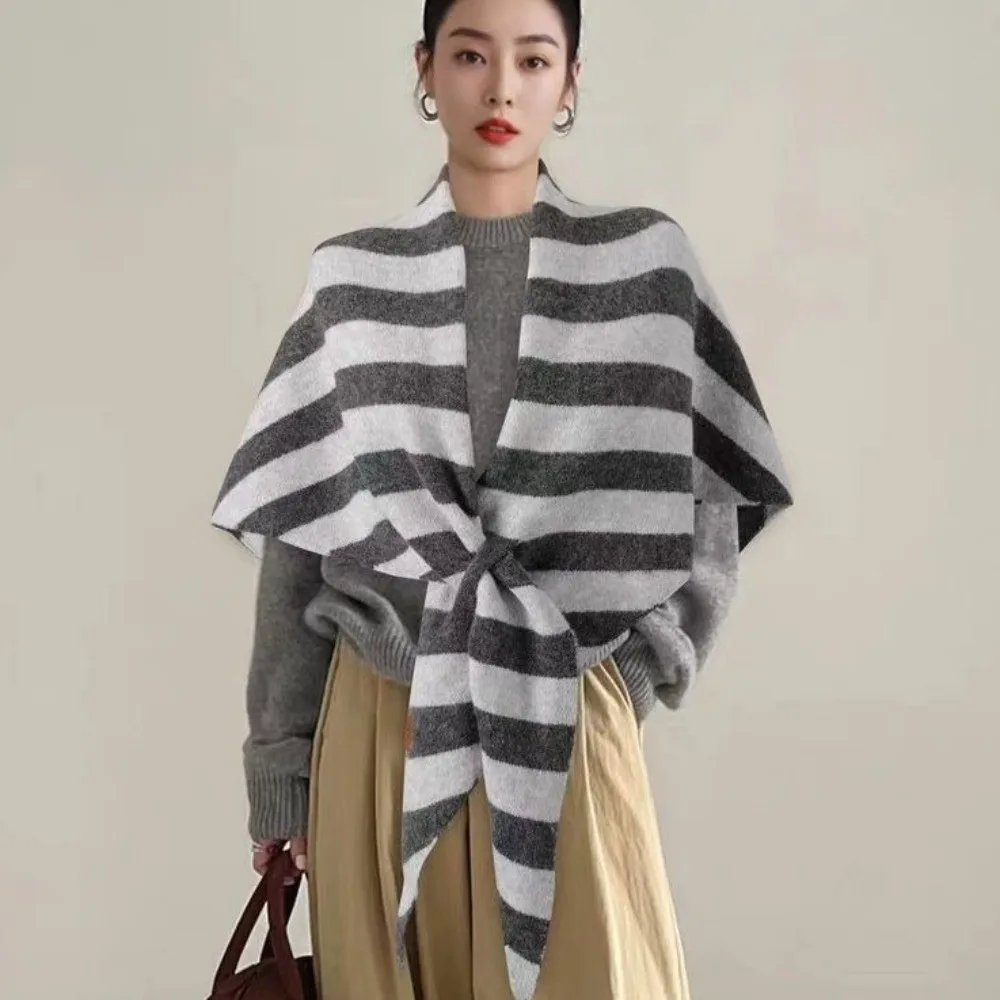 

Soft Korean Style Striped Scarf Cashmere Winter Shawl Neck Warmer Windproof Knitted Triangle Scarf Outdoor