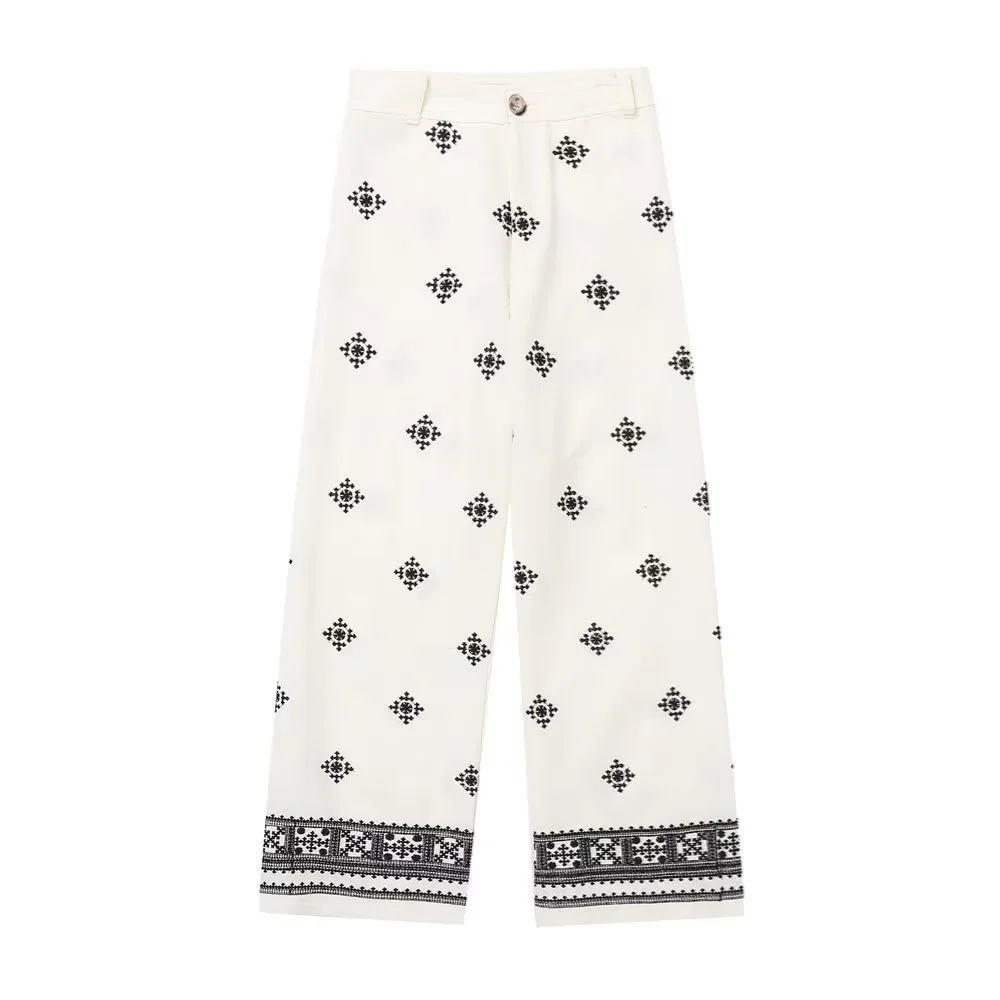 

UNIZERA women's contrasting embroidered high waisted pants straight leg pants for spring and summer new casual women's wear
