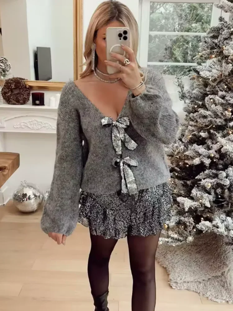 

Women's Front Sequined Cardigan Jacket Bow Tied Knit Coat Sweater V Neck Long Sleeve Female Outerwear Chic Tops Fashion