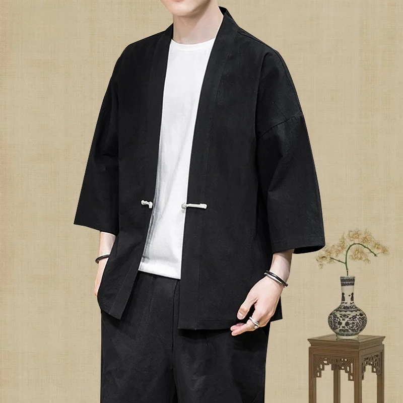 

Spring Wind Men's Hanfu Retro Button Open Cardigan Loose Large Size Seven-Bruce Sve Taoist Robe Cotton Long Sve Jaet