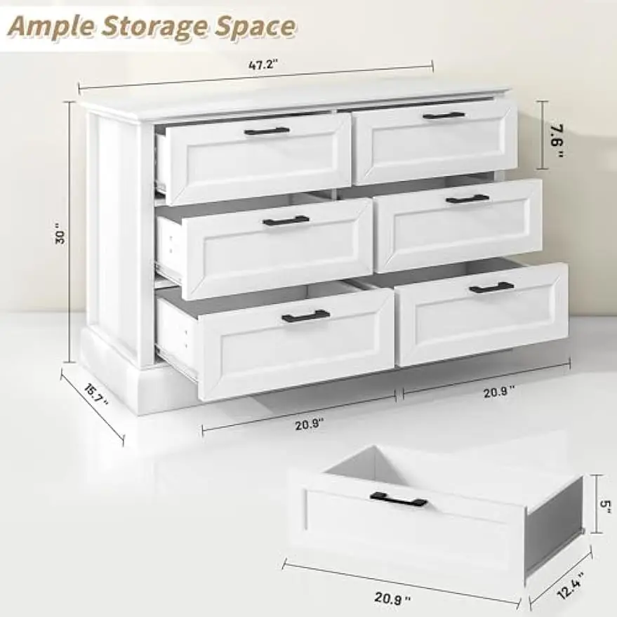 White 6 Drawer Dresser for Bedroom, Modern Chest of Drawers with Deep Drawers, Wood Double Dresser for Storage Clothes