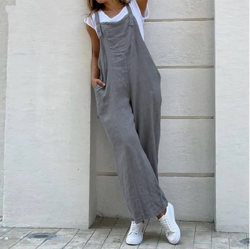 Jumpsuit katun Linen wanita musim panas mode tanpa lengan kaki lebar Romper panjang Solid kasual nyaman Playsuit kasual