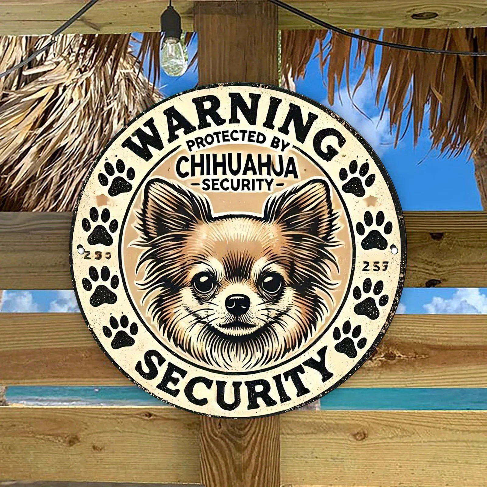 2D flaches, 2D flaches rundes Metallschild mit „WARNING PROTECTED BY CHIHUAHUA – SECURITY“-Inschrift, geeignet für Wohnzimmer, Schlafzimmer