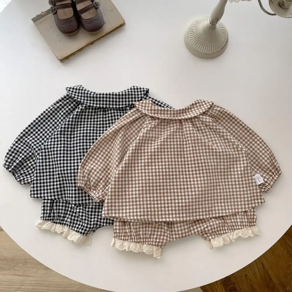 2024 Cute Girls\' Set Plaid Long Sleeves Love Top Fashion Shorts Baby Girls Classic Suit Casual Korean Newborn Boutique Clothing