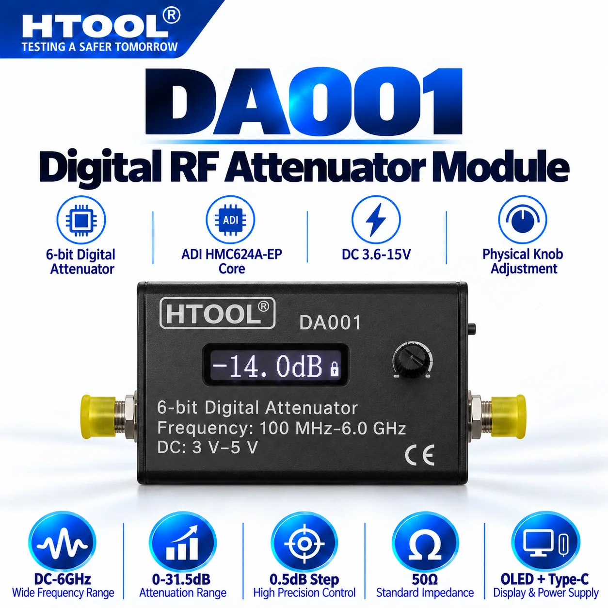 HTOOL DA001 6-Bit Digital RF Attenuator DC-6GHz 0-31.5dB 0.5dB Step OLED Type-C 50Ω SMA RF Module