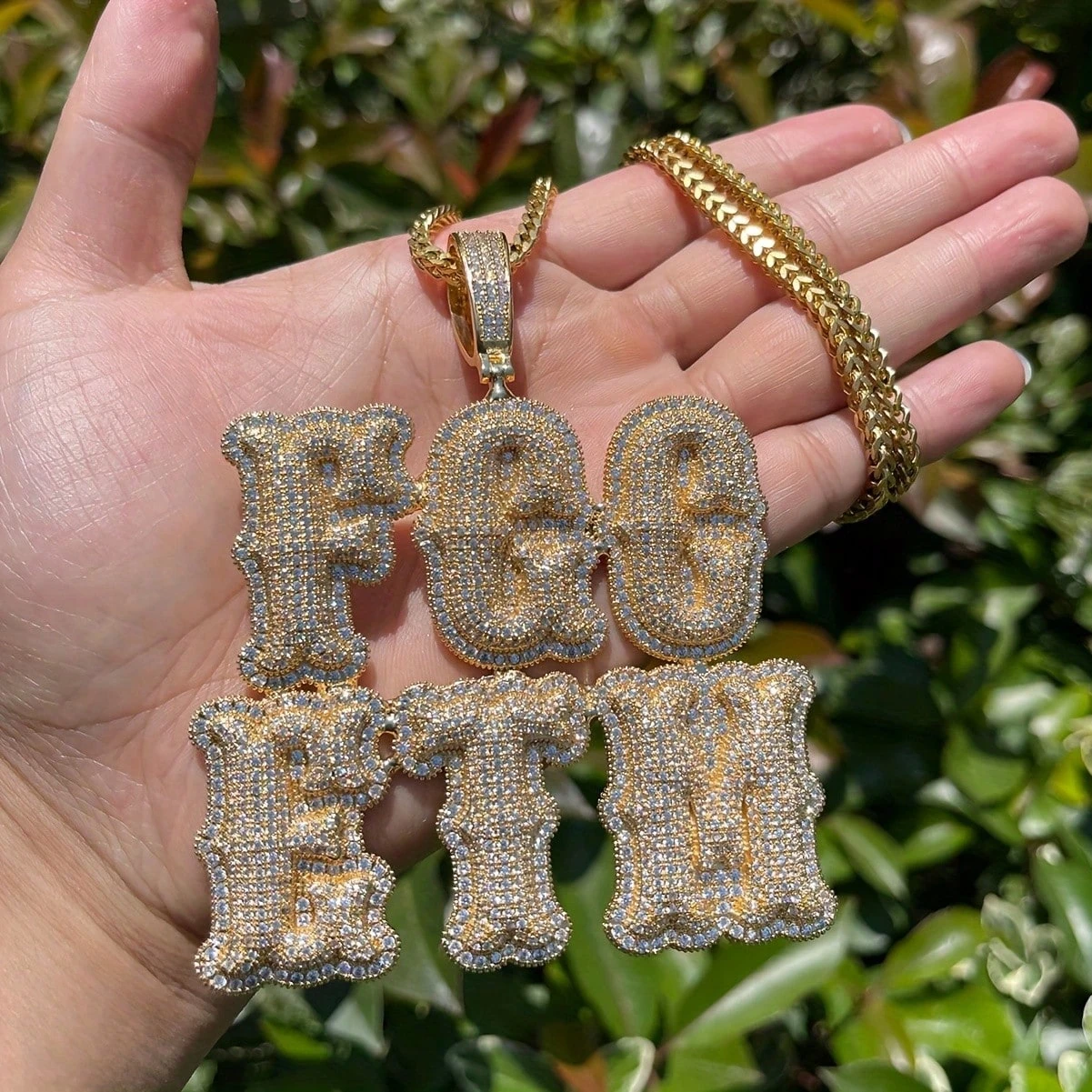 

Custom Iced Out Letter Pendant Necklace, Gold Plated CZ Bling Initial Hip Hop Jewelry with 24inch Rope Chain for Men Women