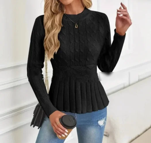 

Women's Top Autumn Winter Waist Slimming Pleated Hem Top Temperament Commuting Retro Casual Top for Women