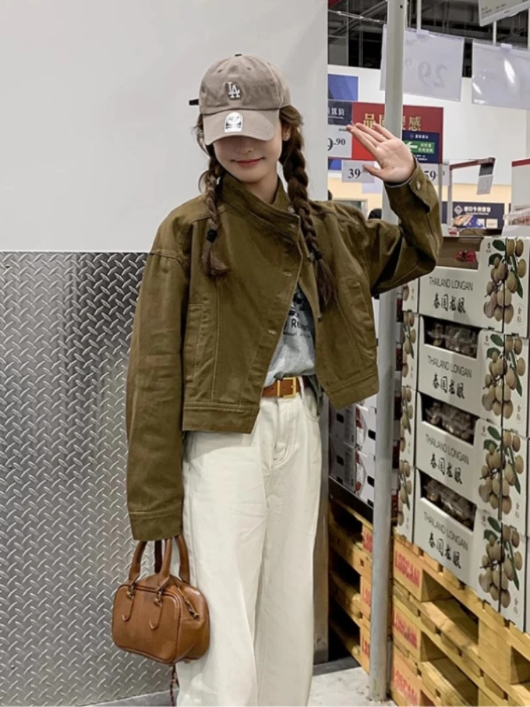 

Women Korean Vintage Cargo Denim Jacket Spring Autumn Washed Crop Utility Jacket Trendy Casual Jean Coat Stylish Outerwear Top