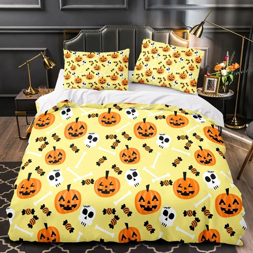 

3D Print Halloween Bedding Set, Halloween Cartoon Jack O' Lantern Tombstone Skulls and Bones 2-3pcs Polyester Duvet Cover Set