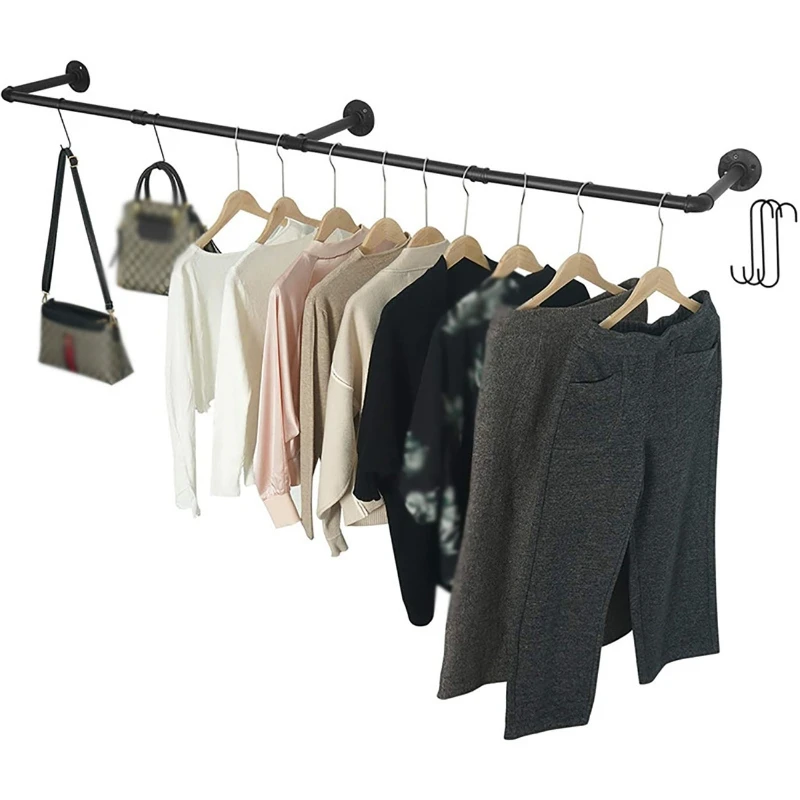 Wall Mounted Clothes Rail 184cm*27cm Industrial Pipe Clothes Rack Retro Wall Tidy Rail Rustic Hanging Garment Rack with 10 Hooks