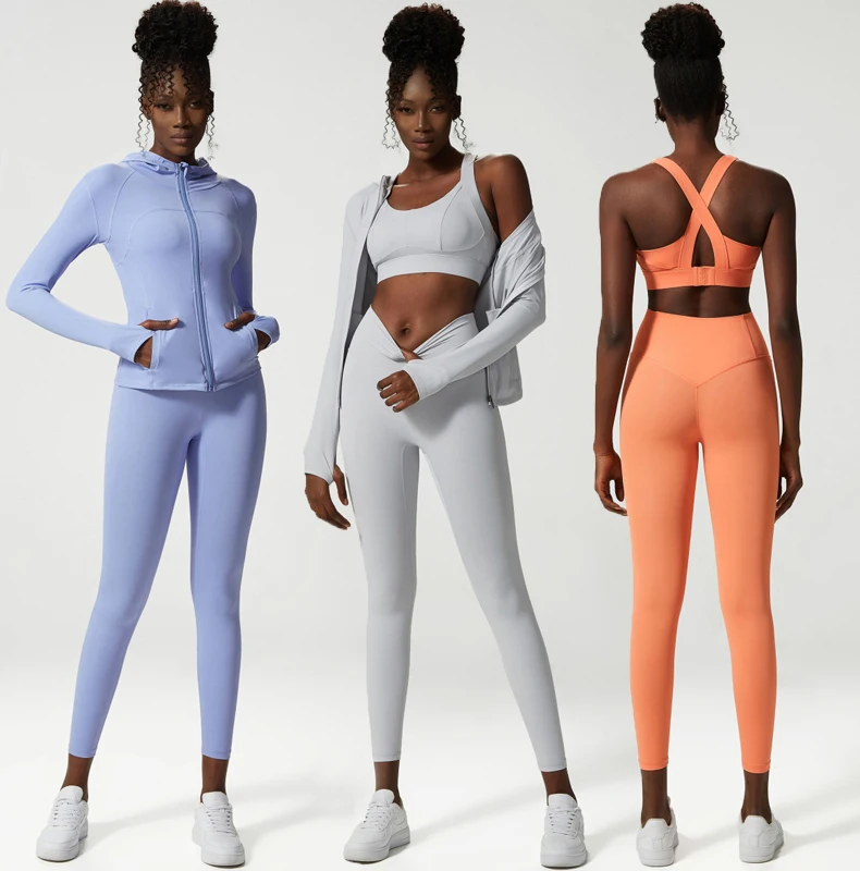 3 Pieces Fitness Yoga Set Women Solid Color Gym Suit Hooded Jacket Sexy Back Bra High Waist Leggings Female Workout Sportswear